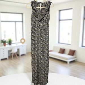 Love, Fire Jumpsuit Sz S Black Yellow Floral Wide Leg Boho Throwback